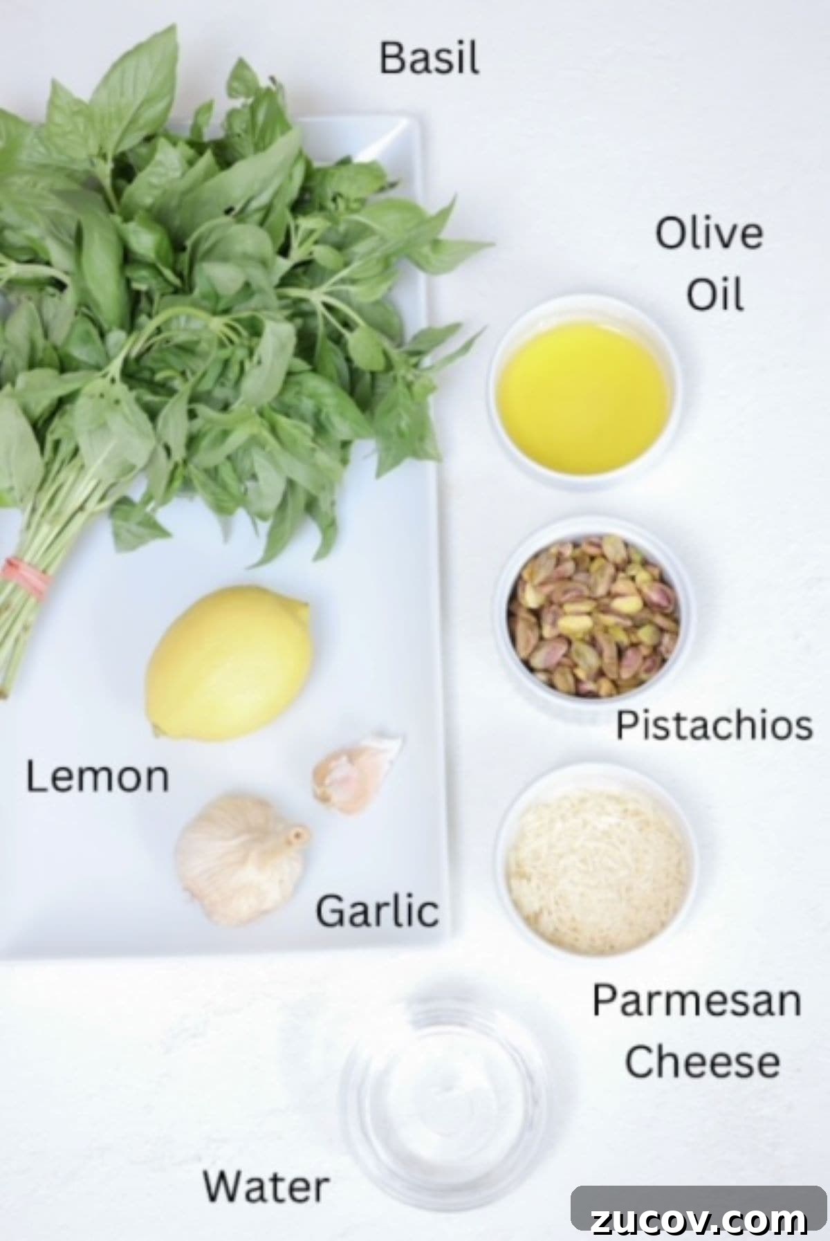 Quick Pistachio Pesto Recipe Ready in 5 Minutes 3 Pistachio Pesto ingredients, labeled.
