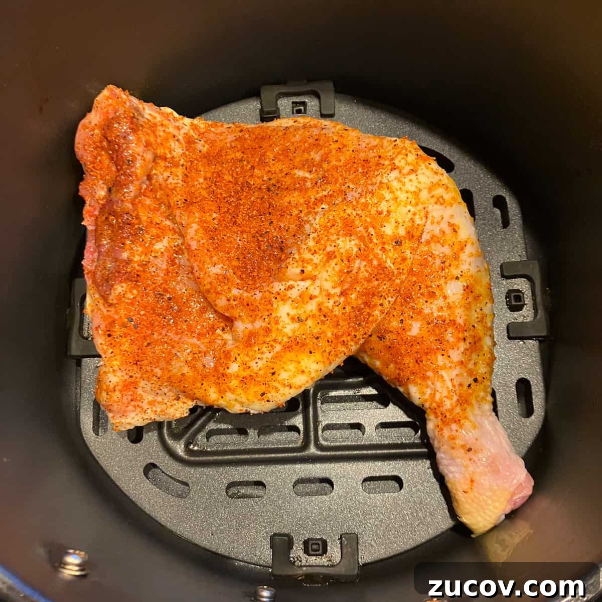 Keto Air Fryer Chicken Leg Quarters with Calories Per Serving 5 chicken leg quarter in air fryer