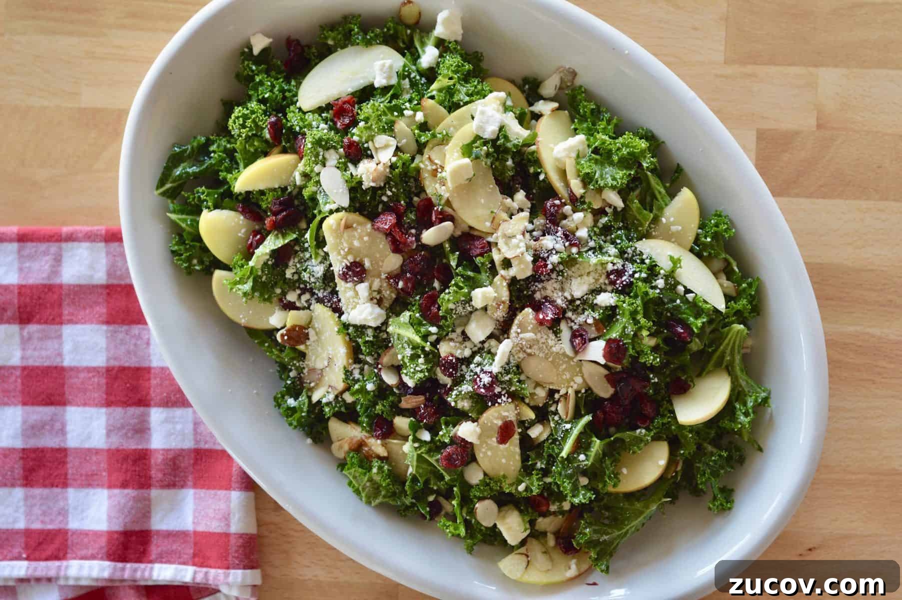 Kale, Cranberry & Feta Salad with Lemon Vinaigrette 3 overhead photo of salad in a white serving platter.