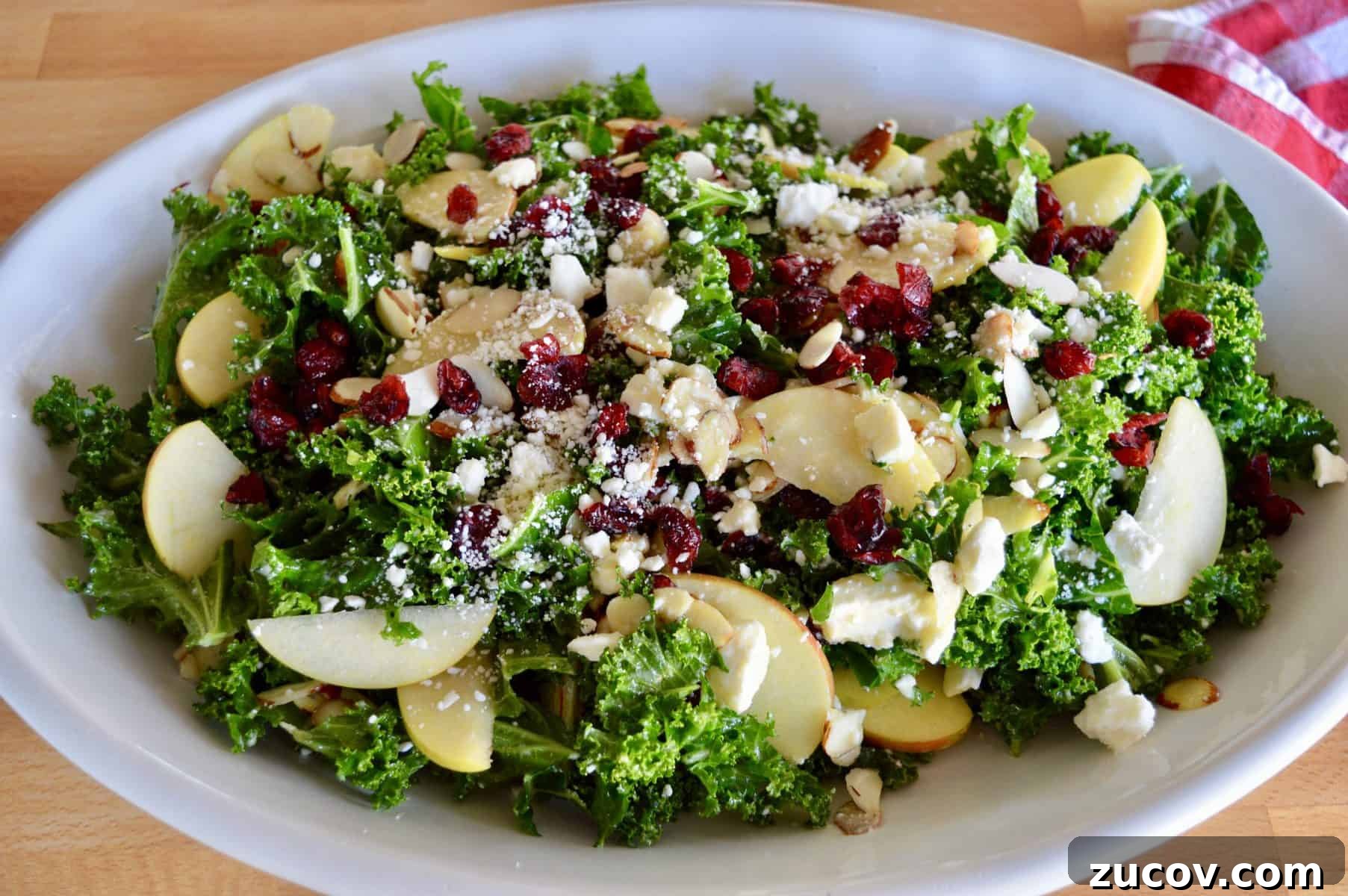 Kale, Cranberry & Feta Salad with Lemon Vinaigrette 6 Overhead photo of kale cranberry feta salad in a white oval platter.