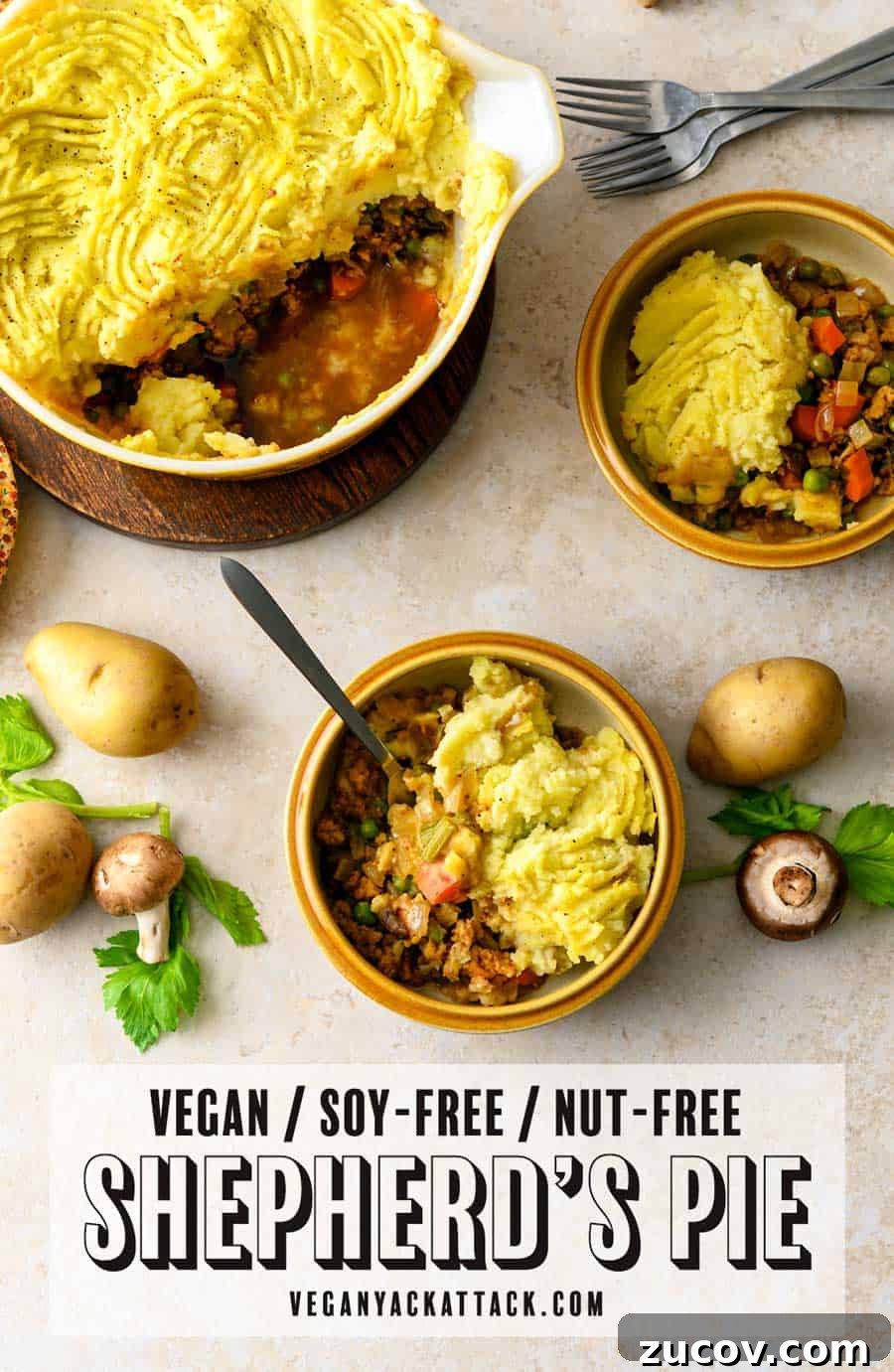 Savory Vegan Shepherd’s Pie with a Flavorful Twist 2 One casserole dish filled with a vegan shepherd's pie, spooned into two bowls, with potatoes and mushrooms scattered around them, on a light linoleum background. Text reads