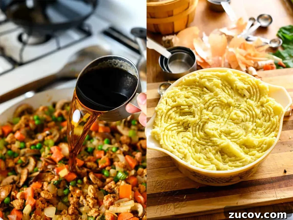 Savory Vegan Shepherd’s Pie with a Flavorful Twist 6 Left image: Pouring a stout beer out of a measuring cup and into a pan of shepherd's pie filling. Right image: shepherd's pie assembled in a large pyrex dish, with textured potato topping, before baking, on top of a cutting board.