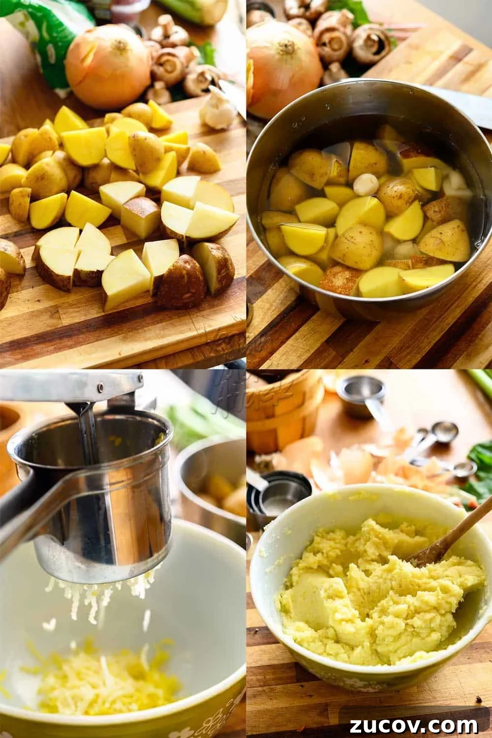 Savory Vegan Shepherd’s Pie with a Flavorful Twist 4 Upper left: chopped Yukon gold and russet potatoes chopped on a cutting board, Upper right: potatoes in a pot with garlic cloves, covered in water, on a cutting board, Bottom left: squeezing potatoes through a ricer into a bowl, Bottom right: vegan mashed potatoes in a mixing bowl on a cutting board