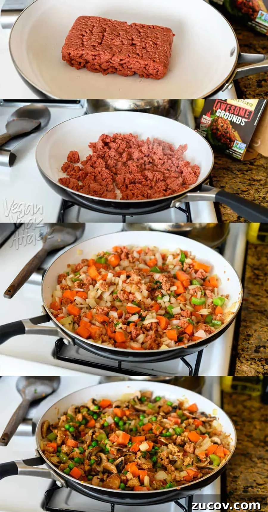 Savory Vegan Shepherd’s Pie with a Flavorful Twist 5 1st image: raw Sweet Earth Foods Awesome Grounds in a white non-stick pan on the stove. Second: the SEF grounds broken up in said pan. Third: SEF grounds cooking with celery, carrot, and onion in a large pan on the stove. 4th image: same as above but with mushrooms added