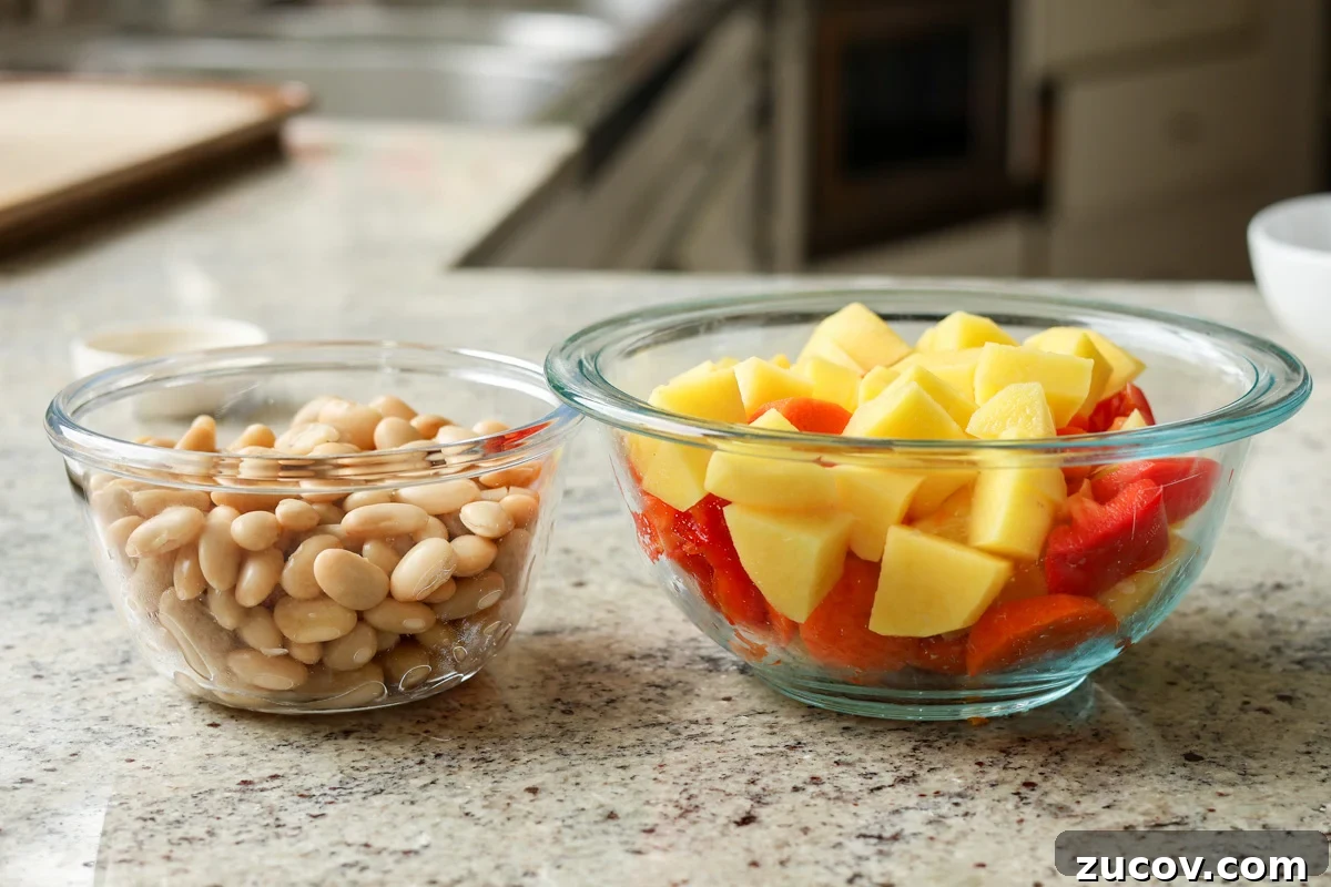 Roasted Veggies and White Beans with Lemon Yogurt Sauce 7 beans and veggies, ready to roast