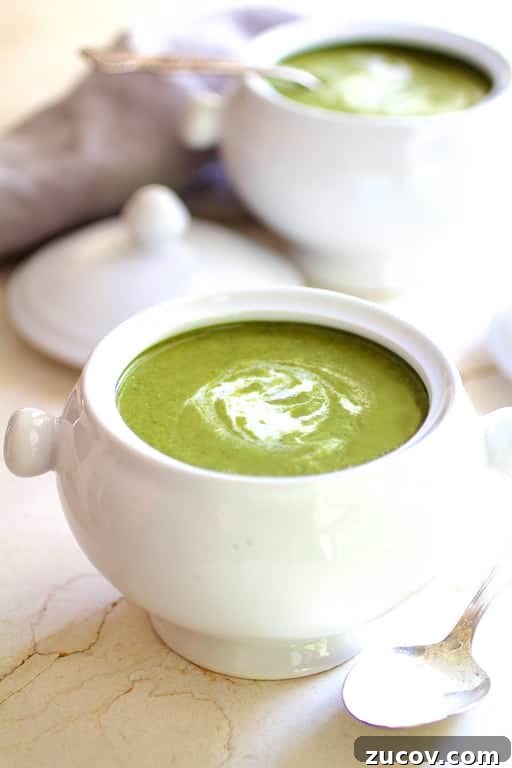 Photo of Cream of Green Vegetable Soup in white bowl on marble surface with cream swirled in.