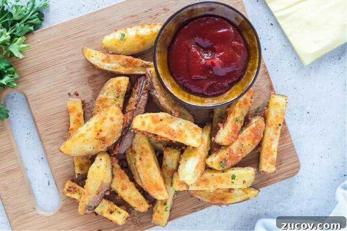 Crispy Roasted Parmesan Potato Wedges with Garlic and Herbs 3 Top down view of roasted potatoes on a cutting board with ketchup.