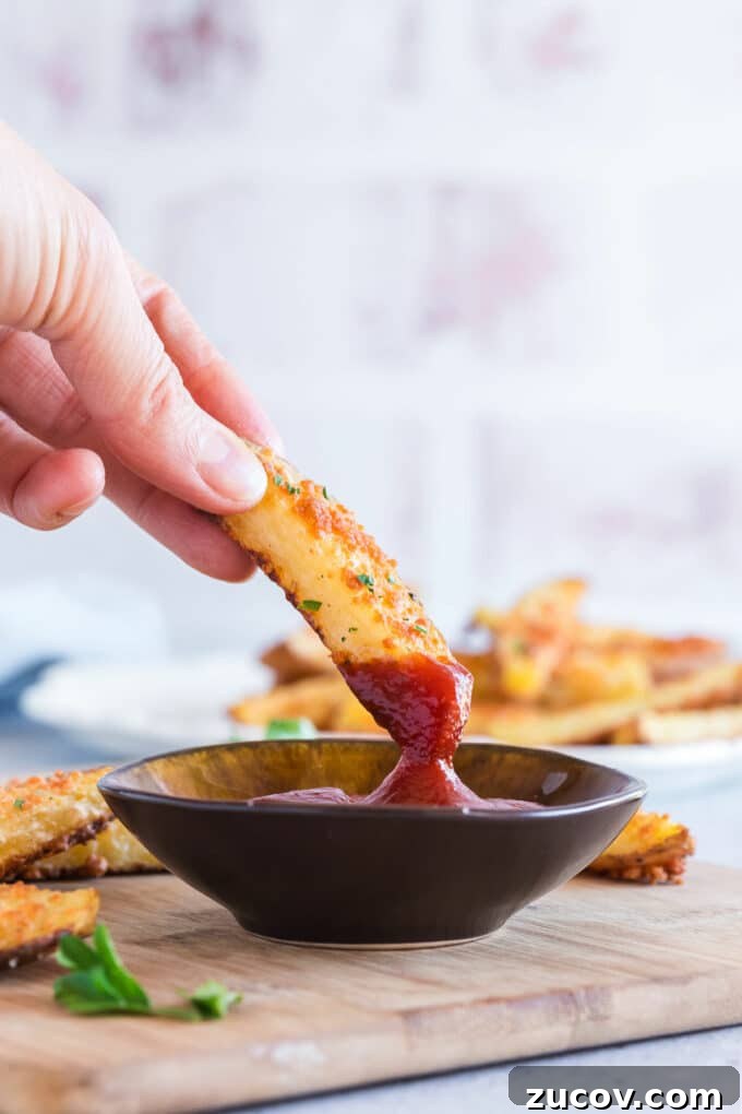 Crispy Roasted Parmesan Potato Wedges with Garlic and Herbs 9 Dipping a fry into a bowl full of ketchup.