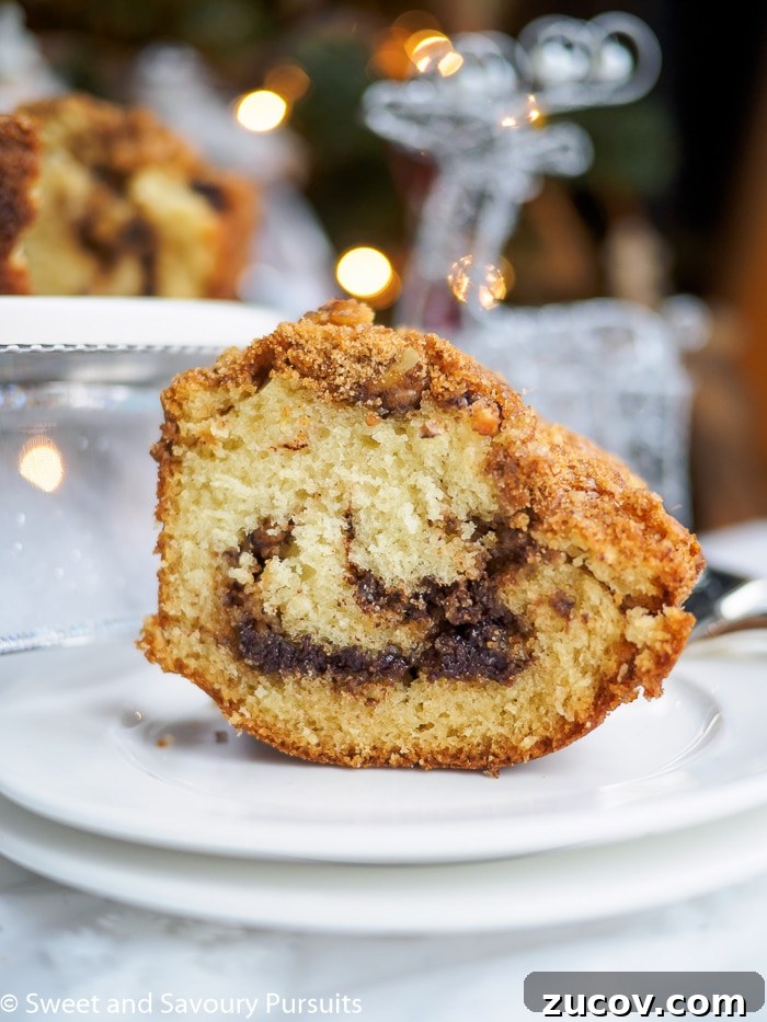 Decadent Chocolate Cinnamon Bundt Cake Recipe 6 Upright slice of Cinnamon Bundt Cake.