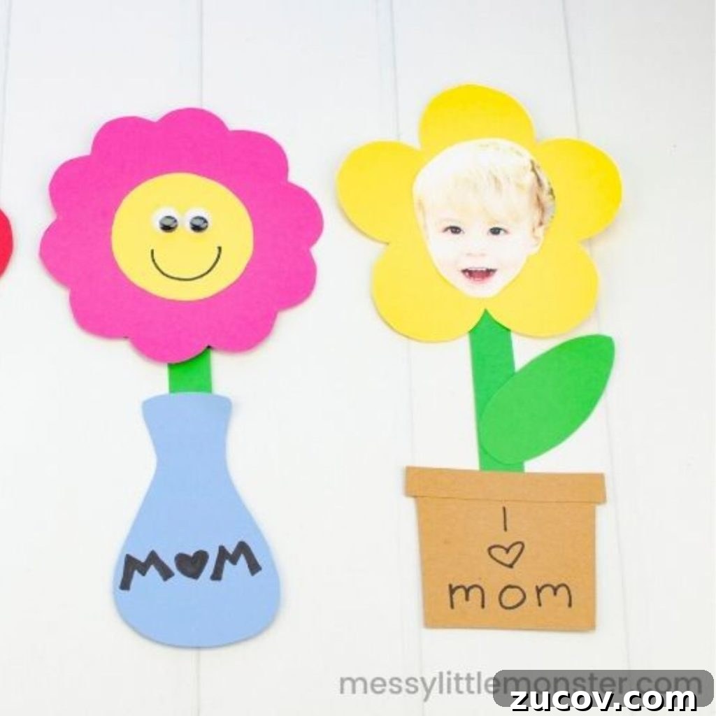 16 Creative Paper Flower Crafts to Make This Spring 9 Flower with kid's picture with I love mom
