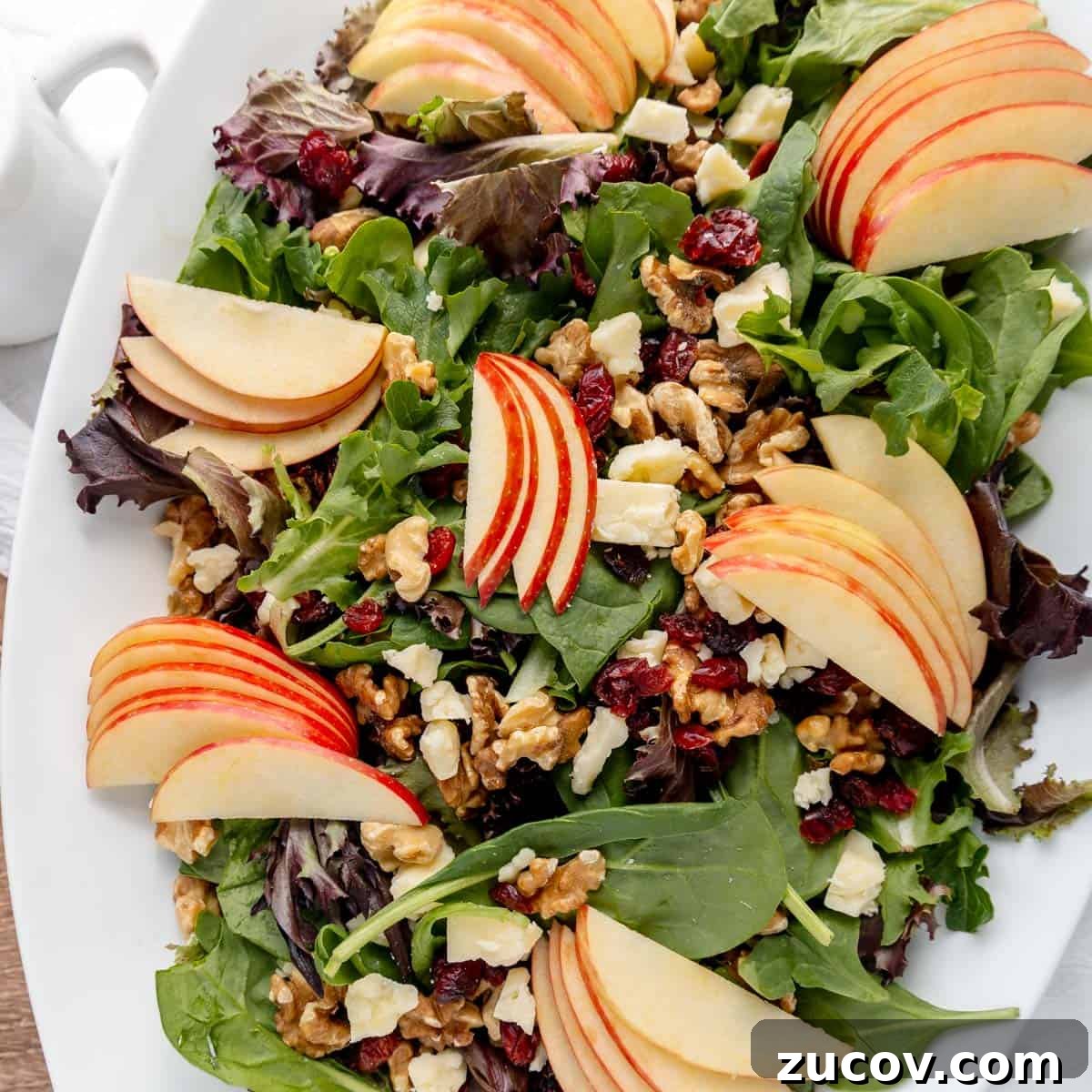 Crisp Apple and Walnut Salad with Maple Dijon Dressing 8 A fresh salad with mixed greens, sliced apples, walnuts, cranberries, and crumbled cheese on a white plate.