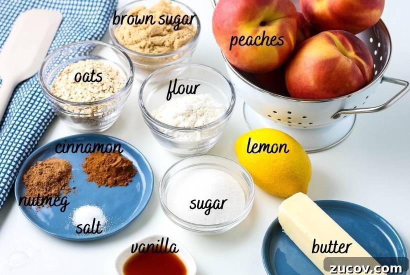 Peach Oat Crumble Recipe: Rustic Summer Dessert with Fresh Peaches 3 ingredients for peach crumble labeled next to spatula and blue dish towel
