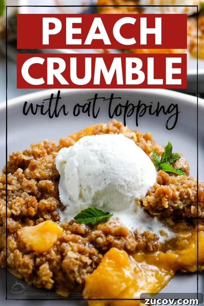 Peach Oat Crumble Recipe: Rustic Summer Dessert with Fresh Peaches 5 Peach crumble with oats with a scoop of vanilla ice cream on top with text overlay