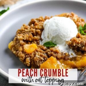 Peach Oat Crumble Recipe: Rustic Summer Dessert with Fresh Peaches 6 close up of peach crumble with oats topped with vanilla ice cream with text overlay
