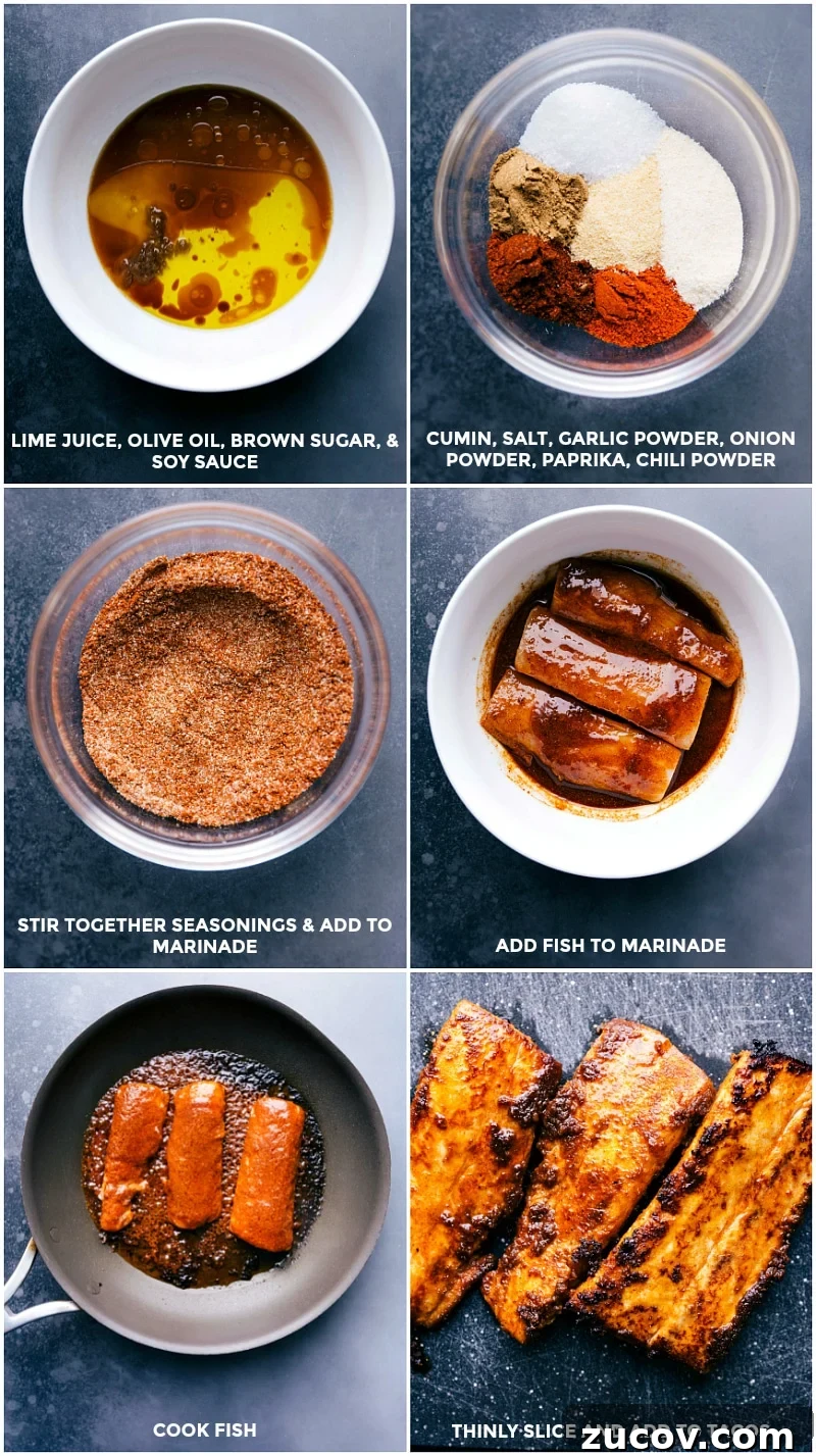 Fish Taco Preparation - Marinade and Seasoning Combining marinade ingredients, seasoning blend, and marinating the meat before cooking and thinly slicing.