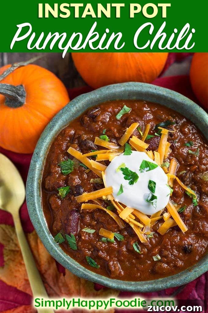 Instant Pot Pumpkin Chili Recipe for Cozy Weeknight Dinners 7 Instant Pot Pumpkin Chili is a delicious Fall comfort food. A hearty chili that isn't too heavy, with the addition of creamy, healthy pumpkin puree. Pressure cooker pumpkin chili is very flavorful and so satisfying! simplyhappyfoodie.com #instantpotrecipes #instantpotpumpkinchili #instantpotchili #pressurecookerchili