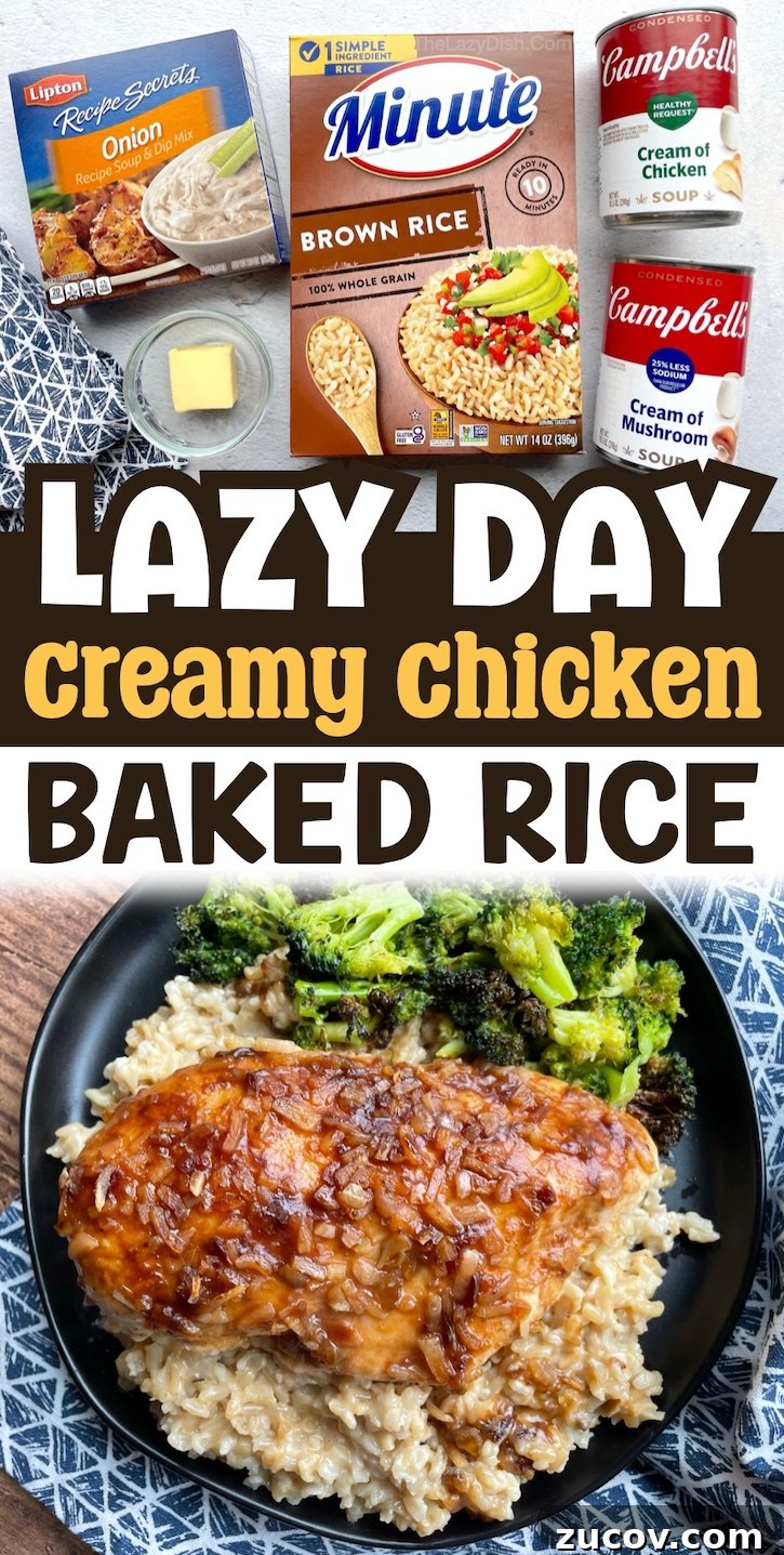 Creamy Chicken and Rice Casserole for a Relaxed Weeknight 14 Lazy Day Creamy Chicken Baked Rice is a super easy dinner recipe for busy weeknight meals! My kids love this delicious chicken dinner, also known as forgotten chicken or no peek chicken. A classic dinner recipe made with the just a few cheap ingredients!