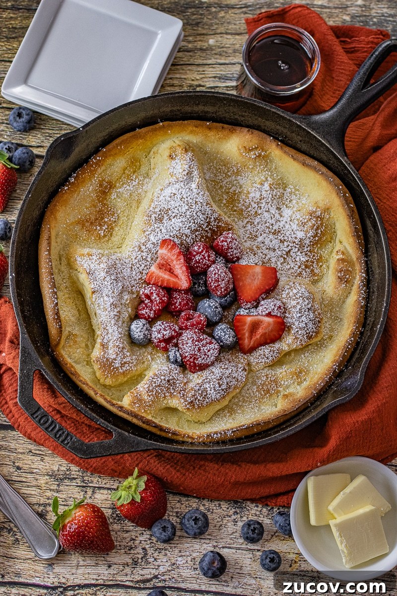 Cast-Iron Dutch Baby Pancake Recipe for a Crispy, Fluffy Oven Skillet 2 puffy dutch baby pancake in a cast iron skillet