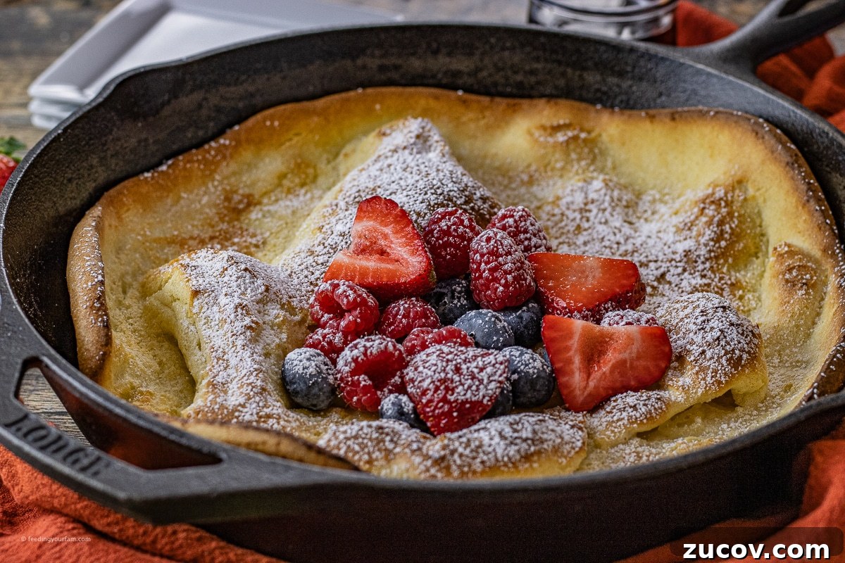 Cast-Iron Dutch Baby Pancake Recipe for a Crispy, Fluffy Oven Skillet 6 dutch baby pancake topped with fresh berries and powdered sugar