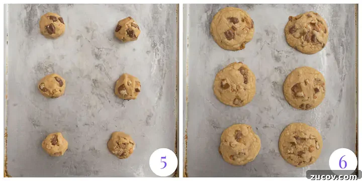 Twix Cookie Recipes: Homemade Bars and Crunchy Bites 4 cookies before and after they're baked