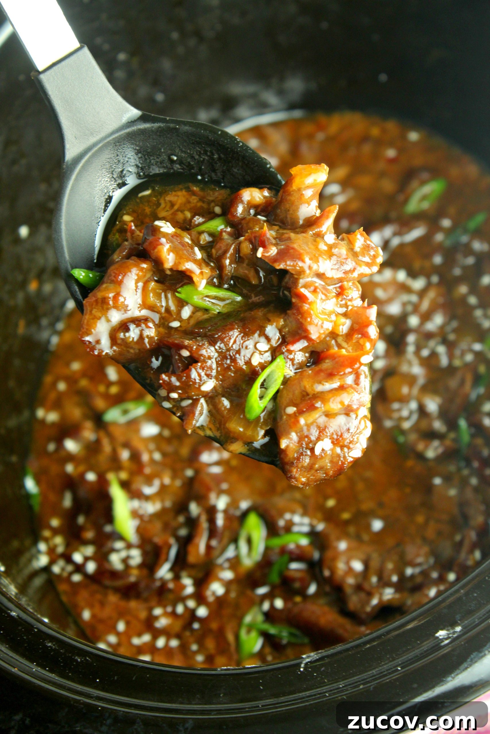 Korean-Style Slow Cooker Beef with Savory Sauce 9 Sauce closeup