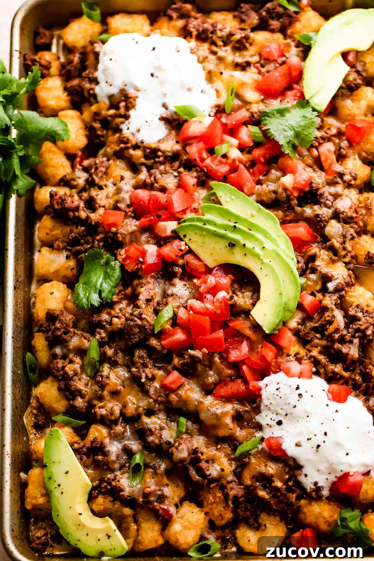 baking sheet with tater tots topped with ground beef, melted cheese, diced tomatoes, sour cream, and avocado slices