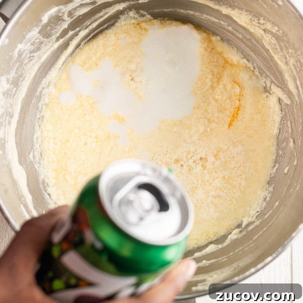 7-Up Pound Cake Recipe: Classic Southern Soul Food Treat 11 pouring in 7-up soda and buttermilk