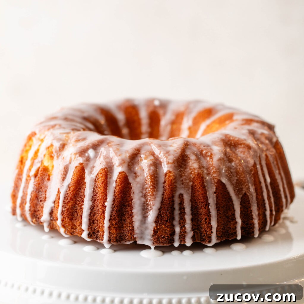 7-Up Pound Cake Recipe: Classic Southern Soul Food Treat 16 glazed 7-up pound cake on white cake stand