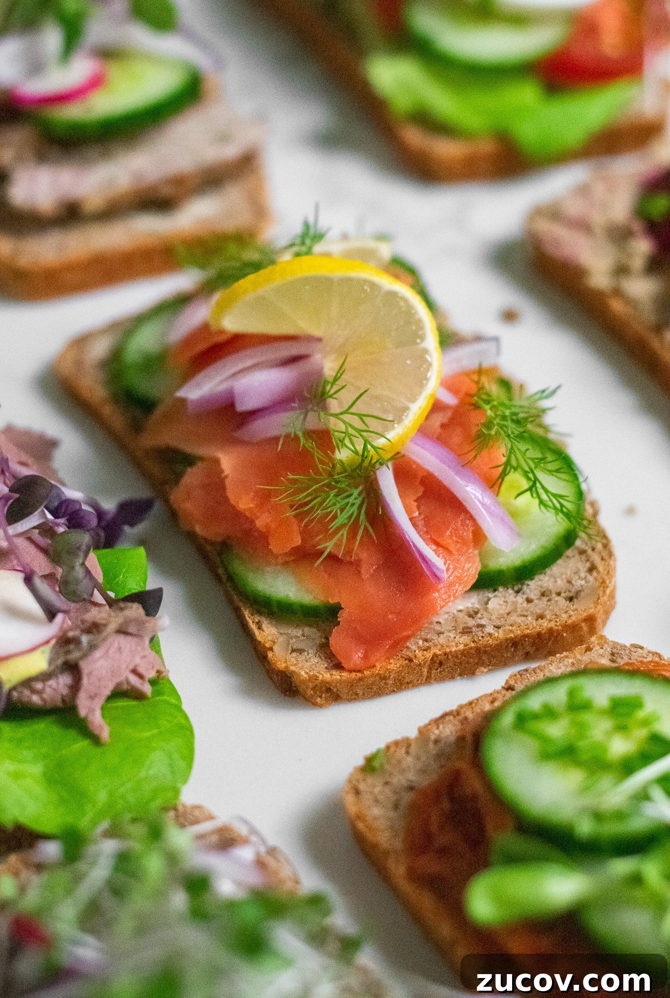 How a Sandwich Became Denmark’s Iconic Smørrebrød: Complete Guide 12 A rye bread open faced sandwich topped with cucumber, smoked salmon, onion, lemon, and dill.