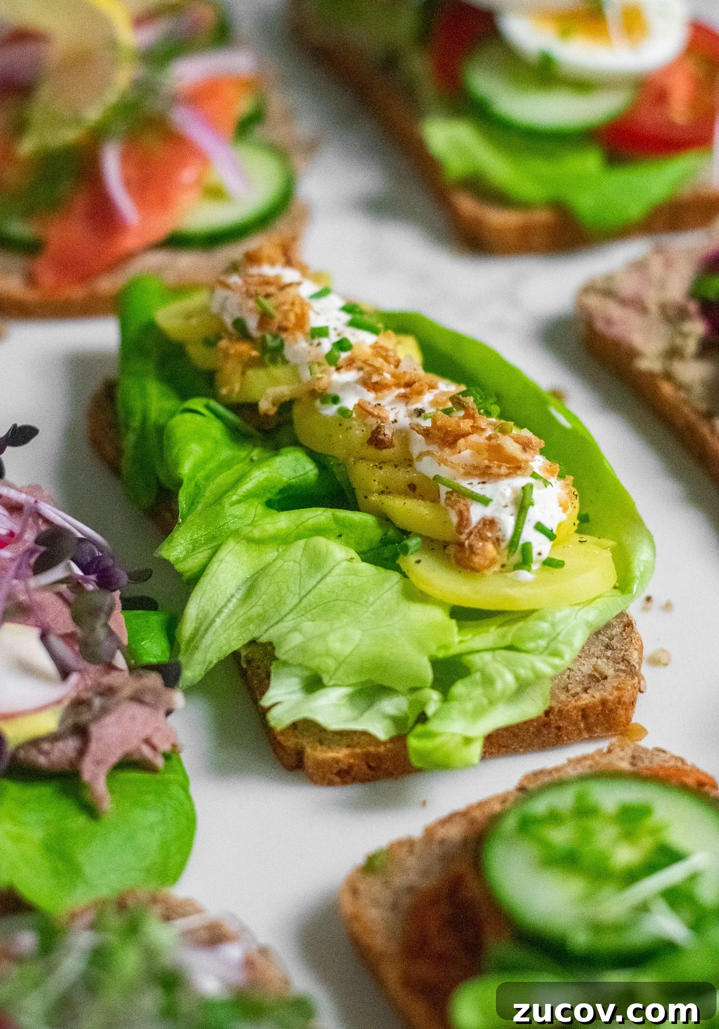 How a Sandwich Became Denmark’s Iconic Smørrebrød: Complete Guide 18 A rye bread open faced sandwich topped with lettuce, potato, sour cream, chives, and fried onion.