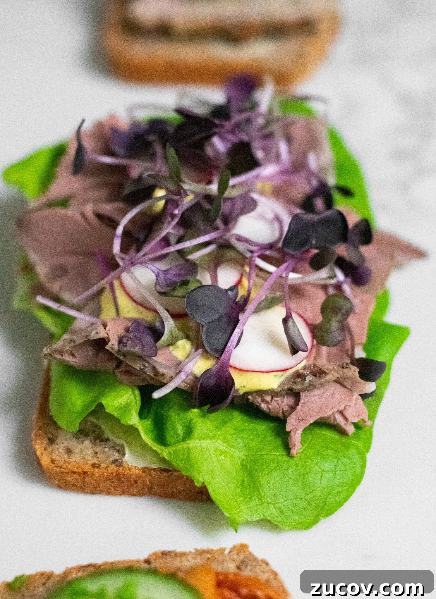 How a Sandwich Became Denmark’s Iconic Smørrebrød: Complete Guide 19 A rye bread open faced sandwich topped with lettuce, roast beef, remoulade, radish, and micro greens.