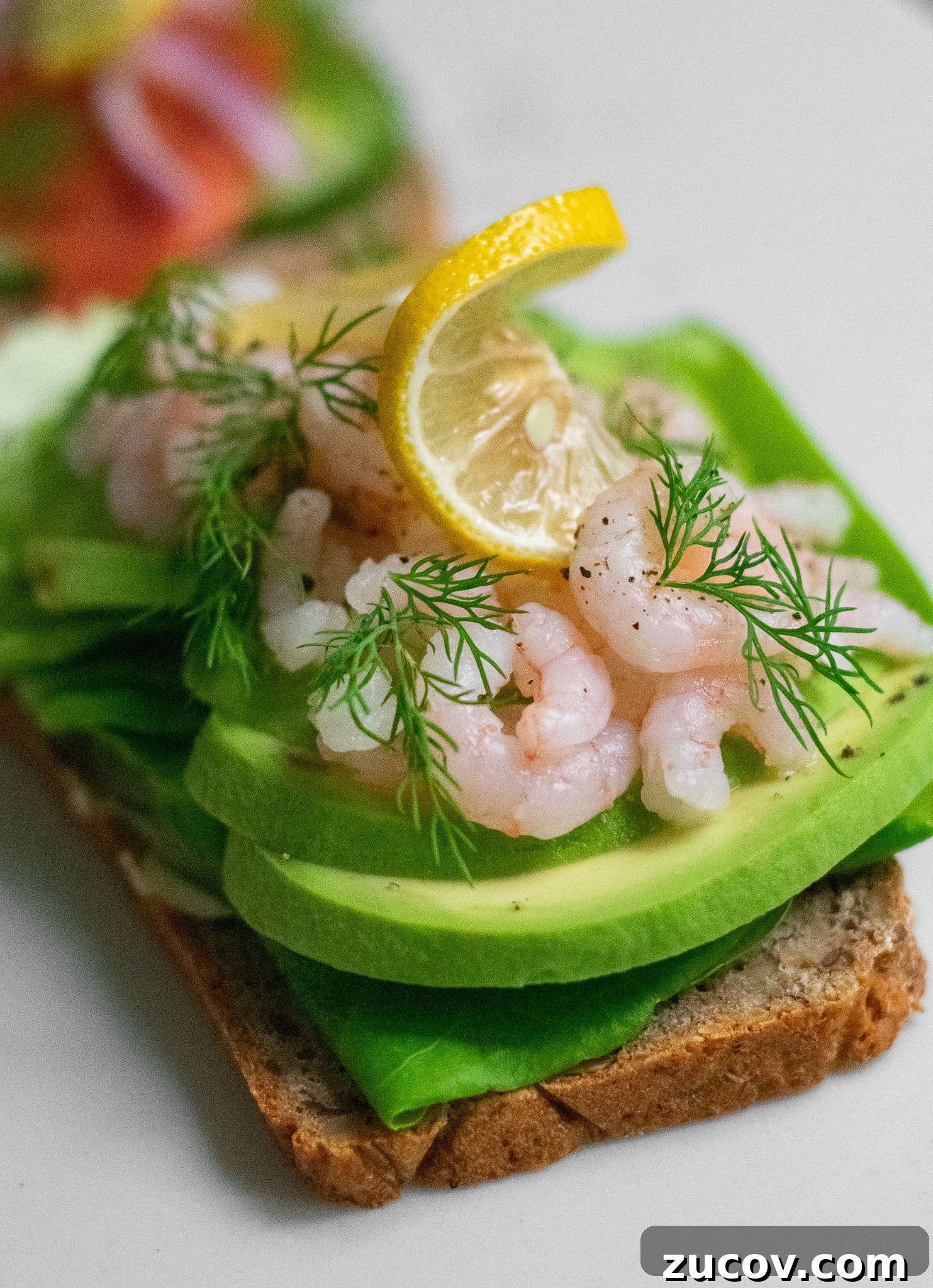 How a Sandwich Became Denmark’s Iconic Smørrebrød: Complete Guide 22 A rye bread open faced sandwich topped with lettuce, avocado, baby shrimp, dill, and lemon.