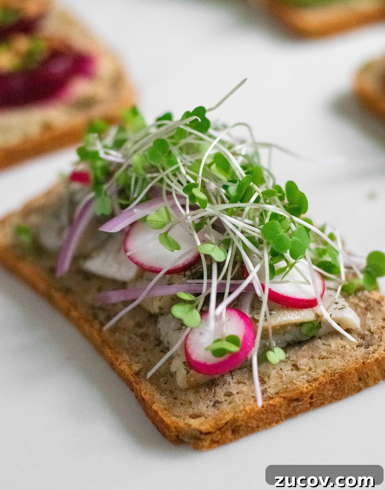 How a Sandwich Became Denmark’s Iconic Smørrebrød: Complete Guide 23 A rye bread open faced sandwich topped with herring, onion, radish, and micro greens.