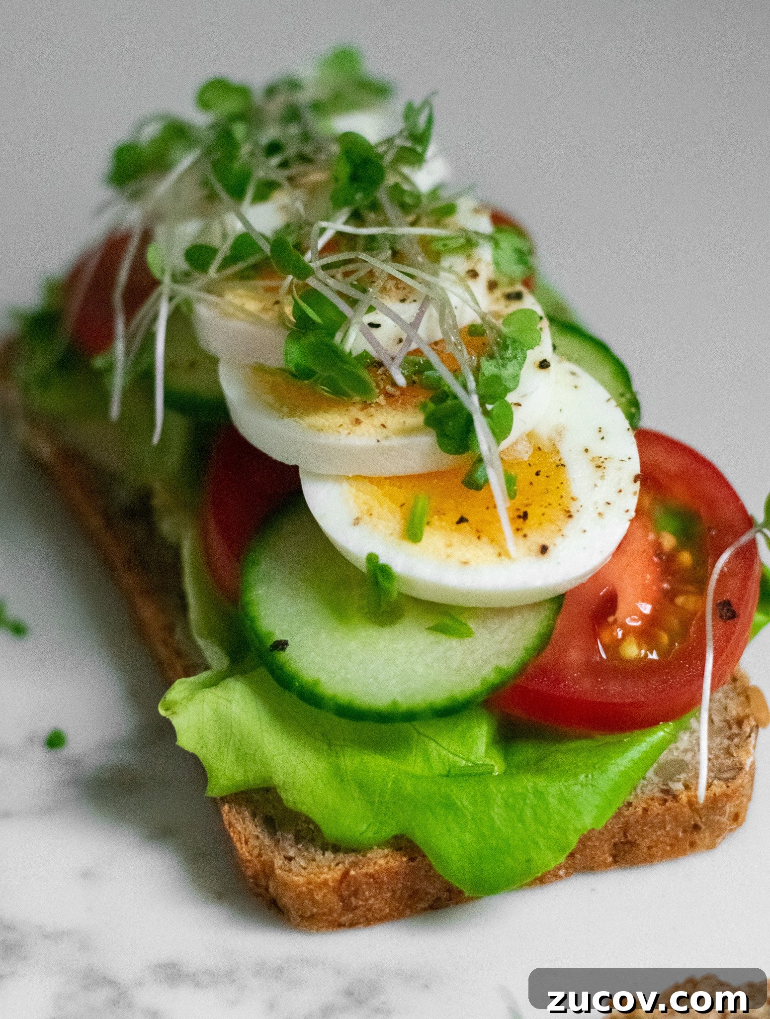 How a Sandwich Became Denmark’s Iconic Smørrebrød: Complete Guide 26 A rye bread open faced sandwich topped with lettuce, tomato, cucumber, sliced egg, and micro greens.