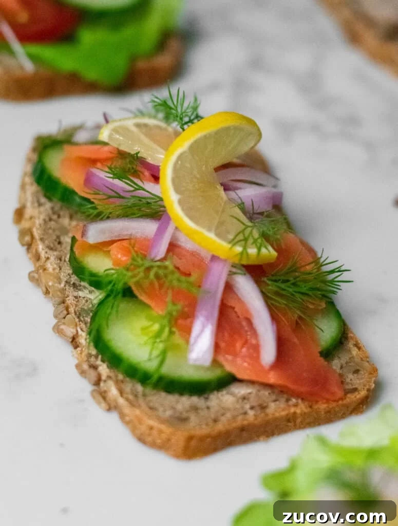 How a Sandwich Became Denmark’s Iconic Smørrebrød: Complete Guide 27 A rye bread open faced sandwich topped with cucumber, smoked salmon, onion, lemon, and dill.