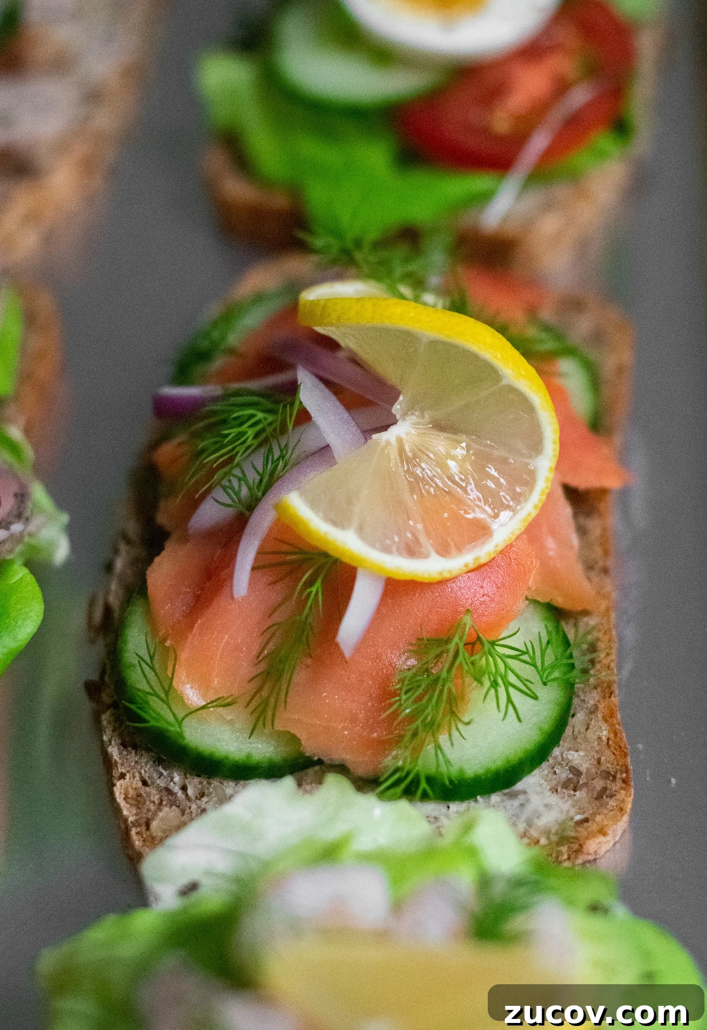 How a Sandwich Became Denmark’s Iconic Smørrebrød: Complete Guide 6 A rye bread open faced sandwich topped with cucumber, smoked salmon, onion, lemon, and dill.