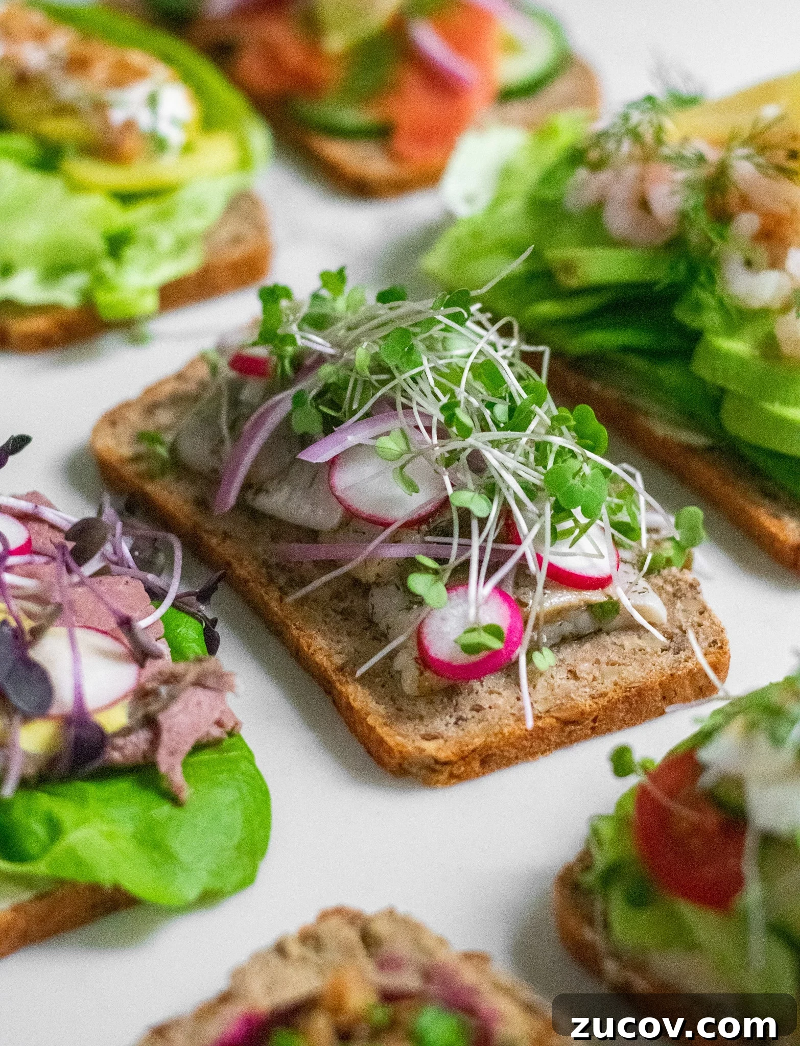 How a Sandwich Became Denmark’s Iconic Smørrebrød: Complete Guide 10 A rye bread open faced sandwich topped with herring, onion, radish, and micro greens.