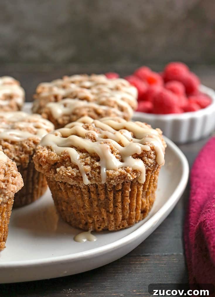Paleo Coffee Cake Muffins Recipe — Gluten-Free Morning Treat 7 paleo coffee cake muffins on a plate, close up shot