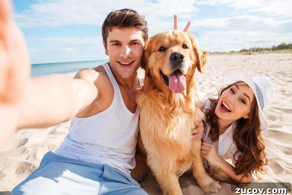 Celebrate National Dog Day (Aug 26): 10 Ways to Treat Your Dog Right 2 Young happy couple with dog taking a selfie at the beach.