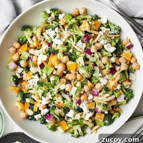 A bowl of broccoli and chickpea salad