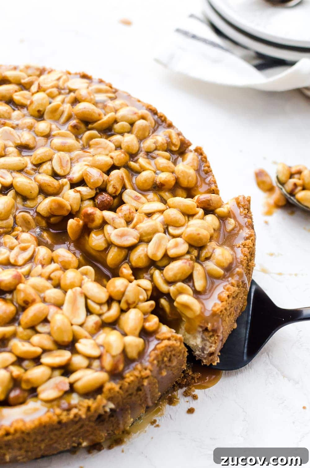 Decadent Caramel Pecan Cheesecake Recipe 5 close up caramel nut cheesecake