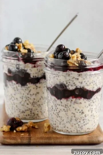 two mason jars filled with overnight oats with chia seeds and blueberries