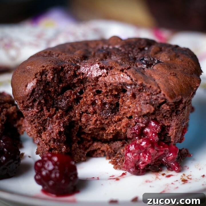 A chocolate blackberry muffin that's been broken in half.