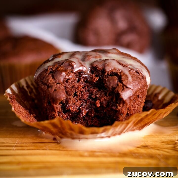 A double chocolate muffin with a bite taken out of it.