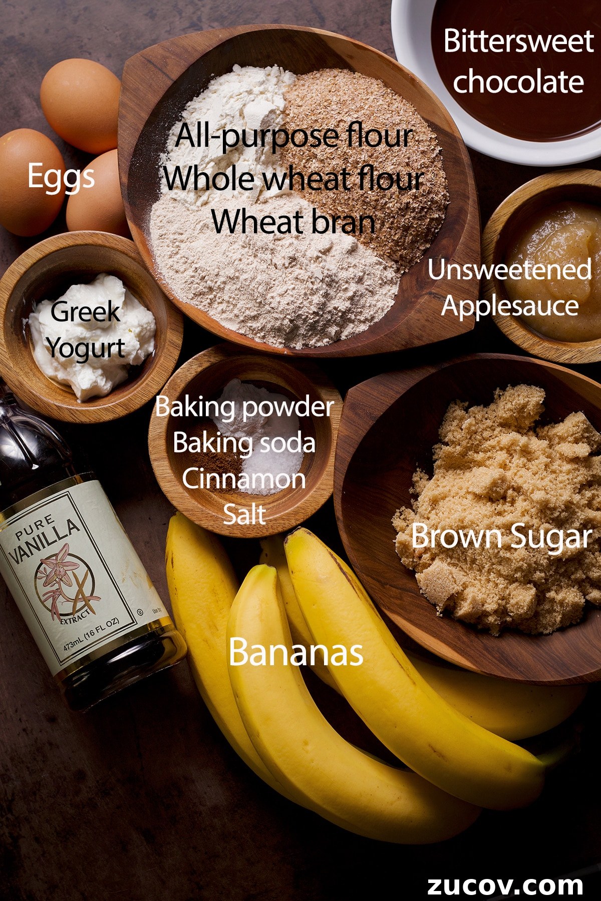 Chocolate Banana Muffins with Oats and Dark Cocoa 4 All of the ingredients you need to make these healthy chocolate banana breakfast muffins displayed on a wood table.